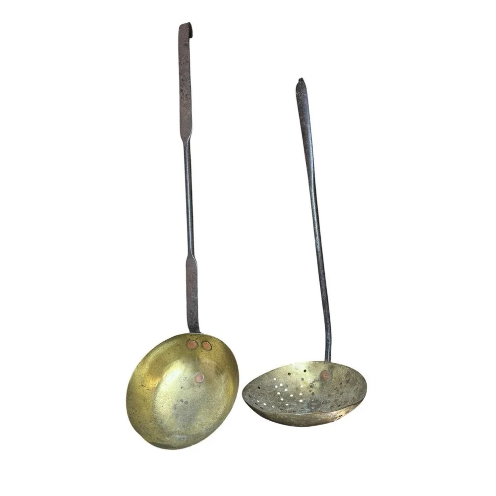 2 Vintage Brass Ladles with Iron Hanging Handles Copper Rivets.  16.5” & 20”